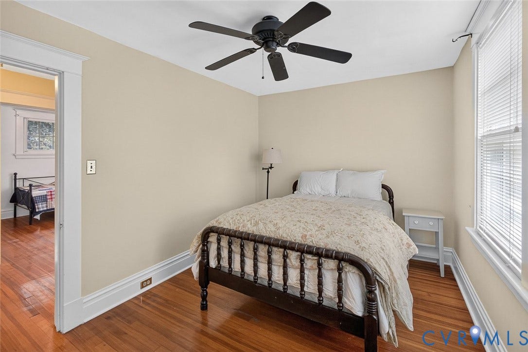 3812 Fauquier Avenue, Bellevue, Richmond, VA 23227 Hardwood flooring, painted walls, ceiling fan, window with blinds, and white trim