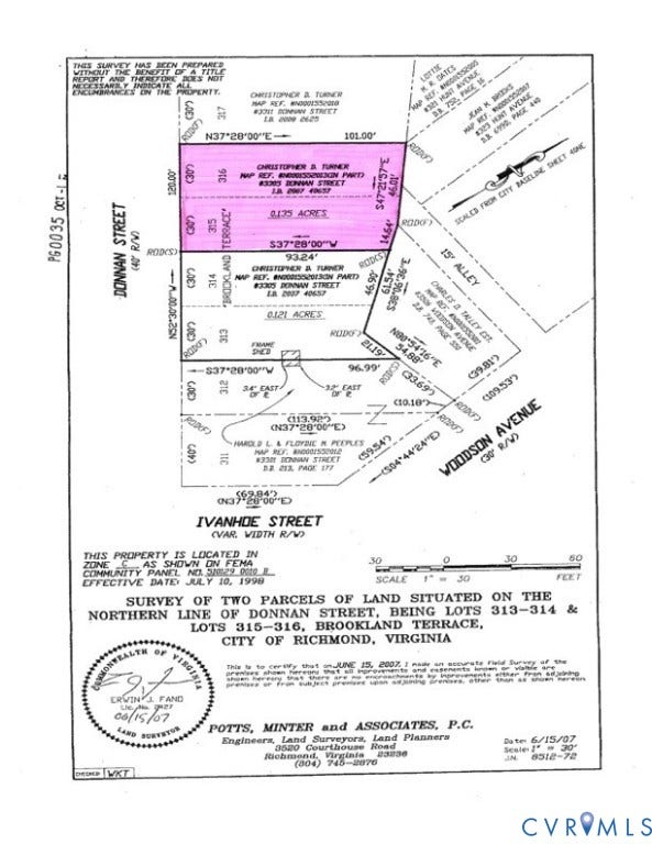 3305 Donnan Street, Providence Park, Richmond, VA 23222 Plat (lot is highlighted)