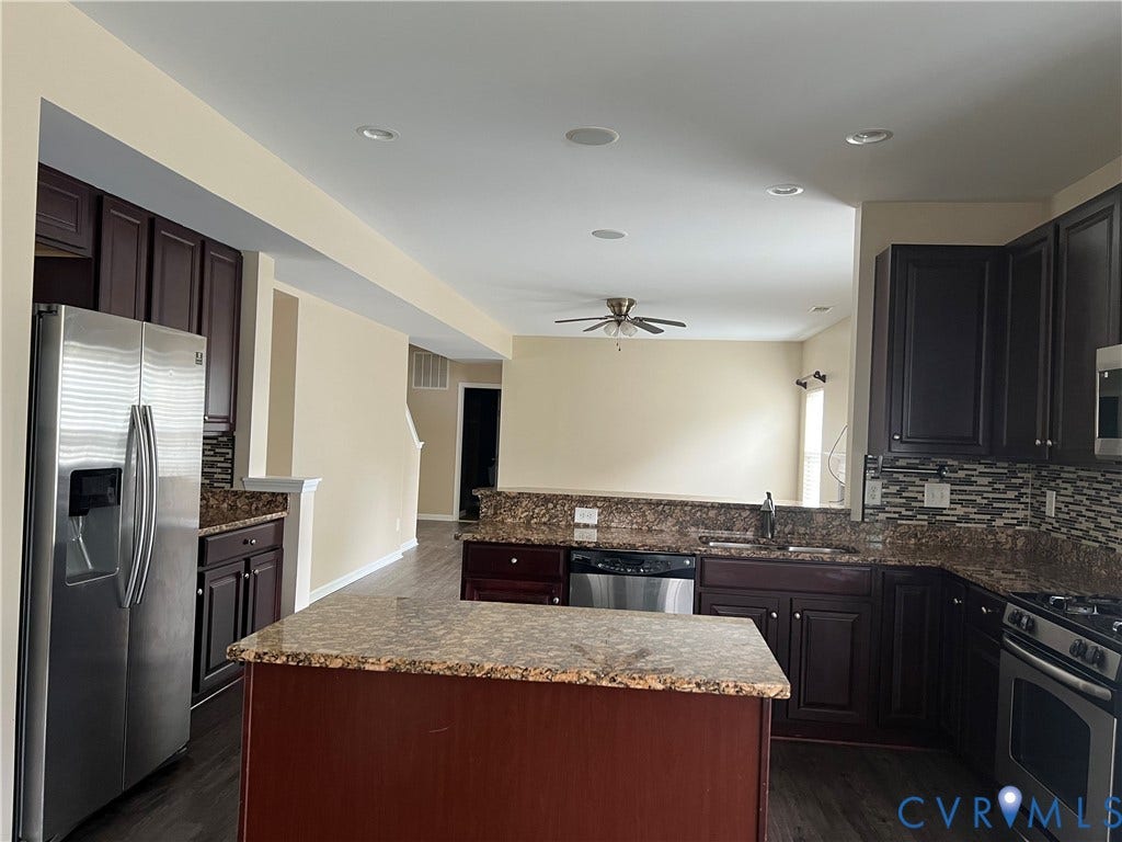 3536 Hunton Ridge Drive, Glen Allen, VA 23059 Kitchen featuring dark wood cabinetry, stainless steel appliances, granite countertops, and a mosaic tile backsplash