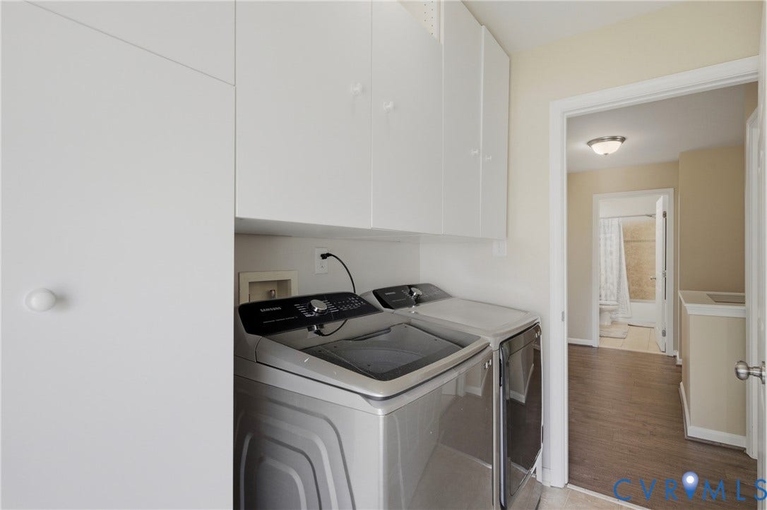 3536 Hunton Ridge Drive, Glen Allen, VA 23059 Integrated laundry area featuring white upper cabinetry and a contrasting dark wood-finish floor