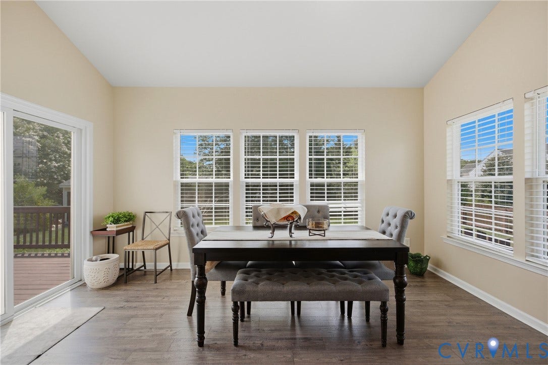 3536 Hunton Ridge Drive, Glen Allen, VA 23059 Vaulted ceiling, wood-finish flooring, multiple windows with blinds, and a sliding glass door