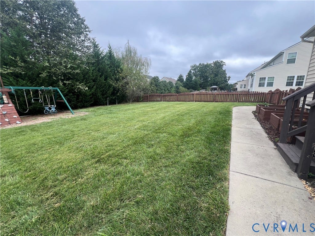 3536 Hunton Ridge Drive, Glen Allen, VA 23059 Expansive lawn area, concrete pathway, wood privacy fence, and mature perimeter trees