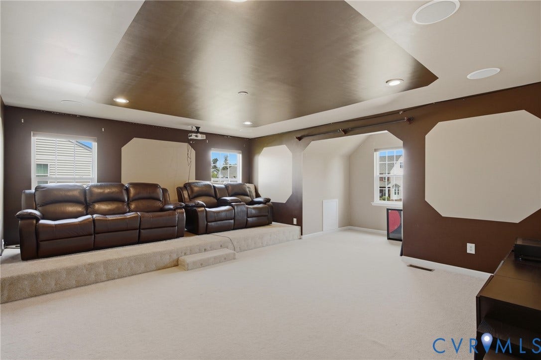 3536 Hunton Ridge Drive, Glen Allen, VA 23059 Recessed lighting, projector installation, built-in ceiling speakers, tiered carpeted platform, and multiple windows with blinds