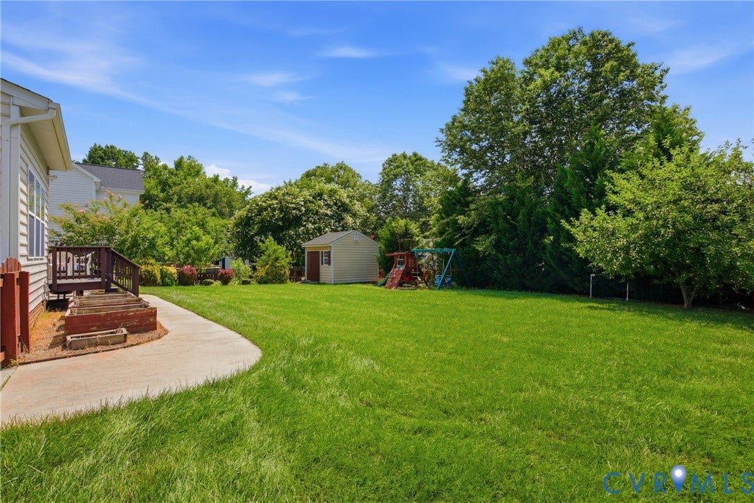3536 Hunton Ridge Drive, Glen Allen, VA 23059 Expansive green lawn with mature trees and a detached storage shed
