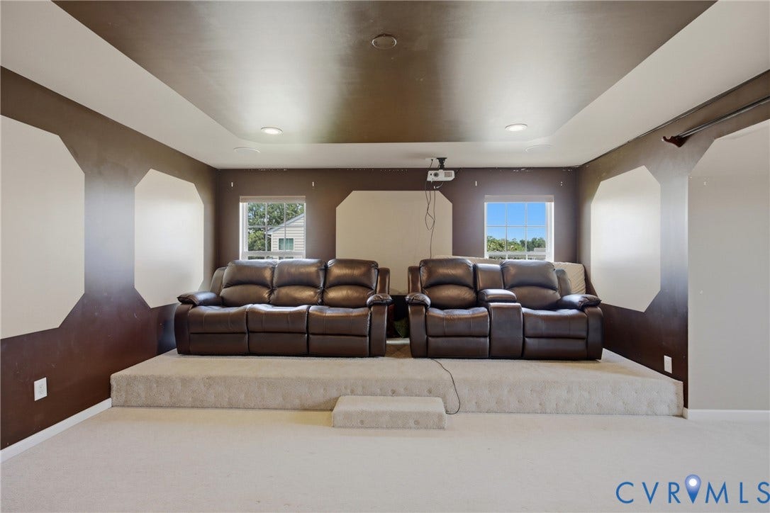 3536 Hunton Ridge Drive, Glen Allen, VA 23059 Theater room featuring a tiered platform, recessed ceiling lighting, and a mounted projector