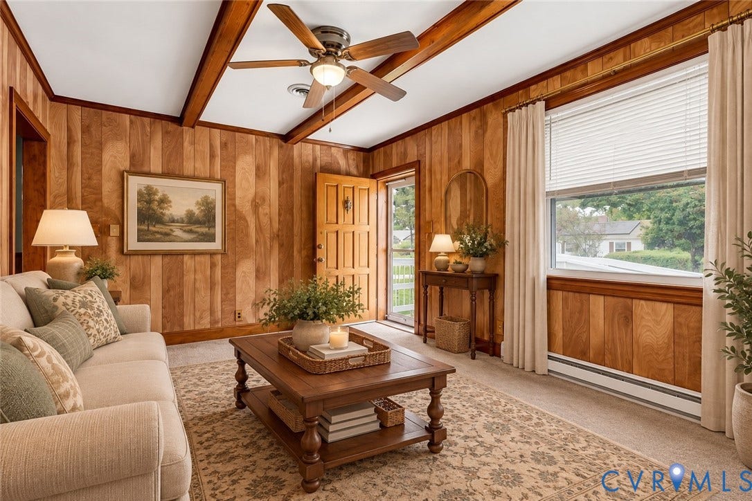 2503 Carlisle Avenue, Henrico, VA 23231 Wood-paneled walls and ceiling beams complement the neutral carpet flooring
