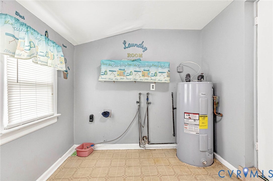 2503 Carlisle Avenue, Henrico, VA 23231 Laundry area featuring a water heater, window with blinds, and vinyl flooring