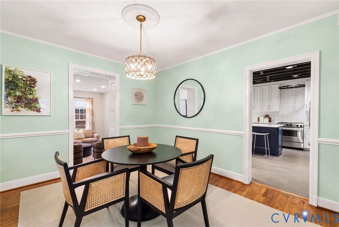 2714 E Broad Street, Church Hill, Richmond, VA 23223 Hardwood flooring, decorative chair rail molding, and a chandelier with a ceiling medallion