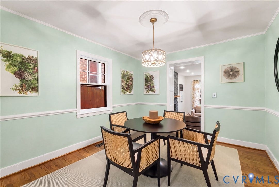 2714 E Broad Street, Church Hill, Richmond, VA 23223 Hardwood flooring, crown molding, white trim, recessed window, and a decorative ceiling medallion