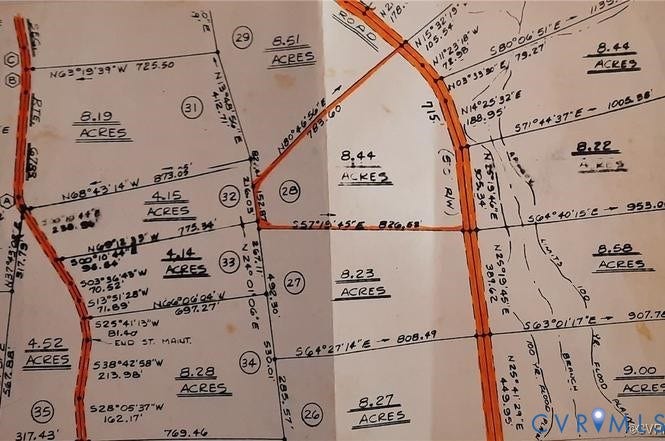 1198 Lickinghole Road, Goochland, VA 23063 Survey Map. Displaying individual parcel acreages and boundary dimensions for the property