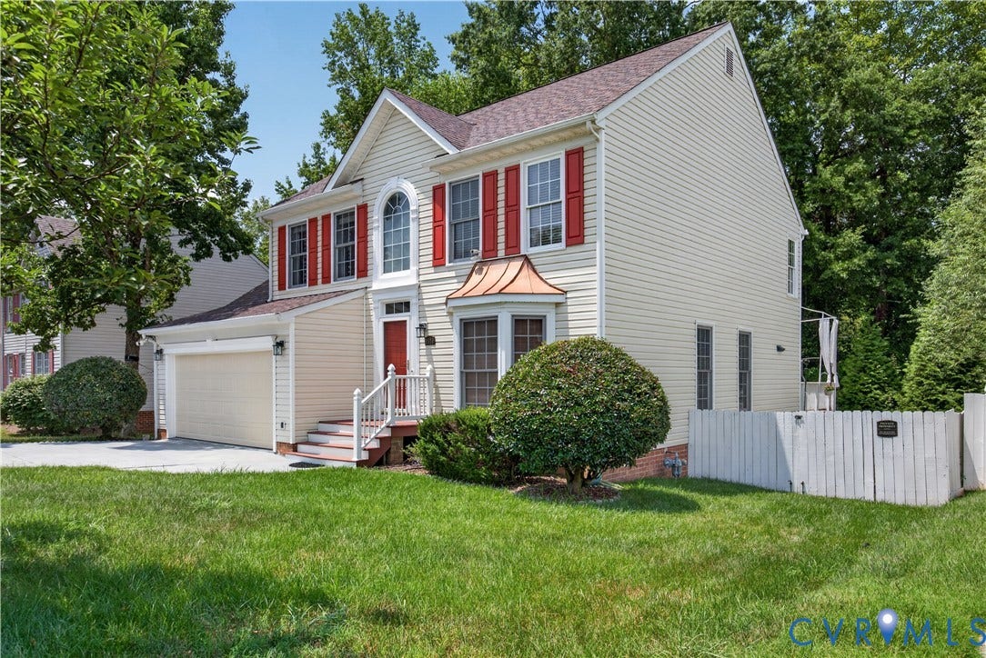 9516 Hungary Woods Drive, Henrico, VA 23060 Traditional two-story residence featuring light-toned siding and a prominent front entrance with a red door