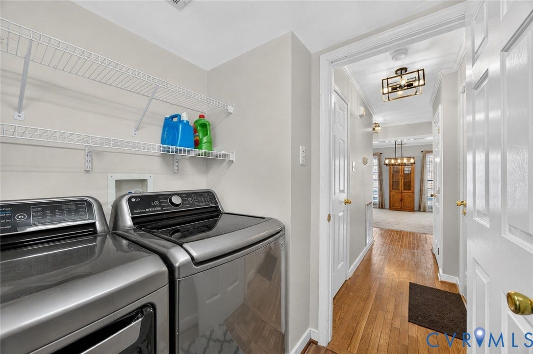 9516 Hungary Woods Drive, Henrico, VA 23060 Dedicated laundry area with wire shelving, complemented by a hallway featuring wood-finish flooring and a contemporary overhead light fixture