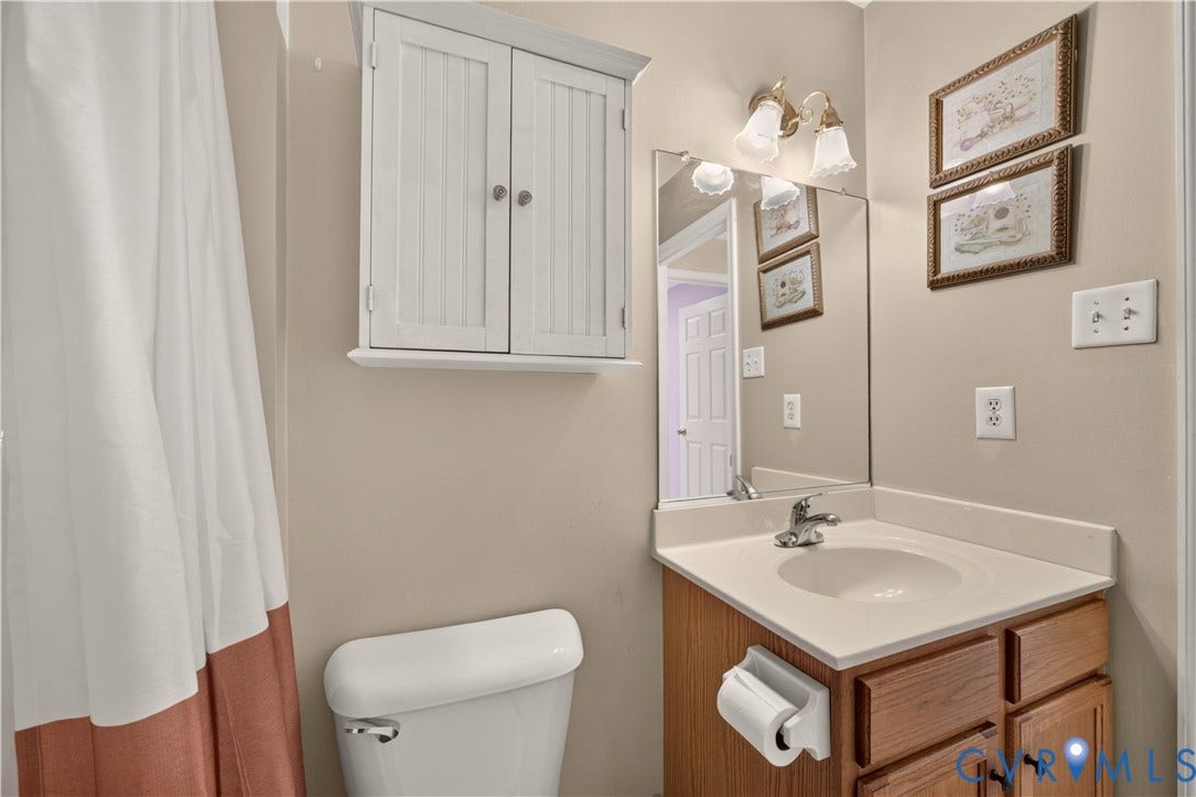 9516 Hungary Woods Drive, Henrico, VA 23060 Wall-mounted cabinet storage, vanity with integrated sink, wall-mounted mirror, and overhead vanity lighting