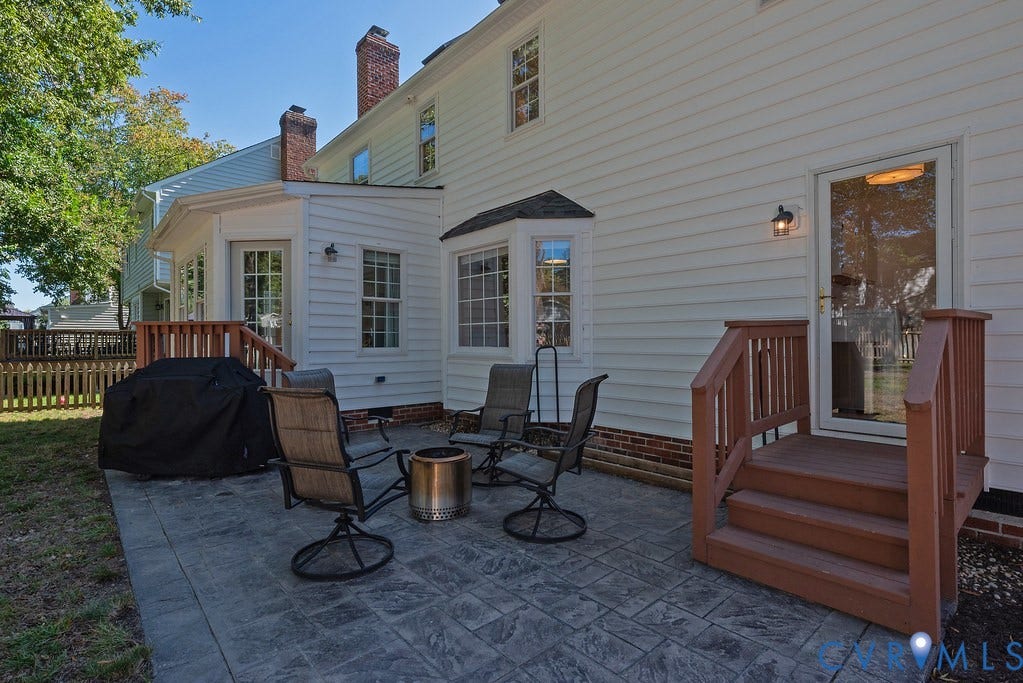 Stamped concrete patio with back door and family room access
