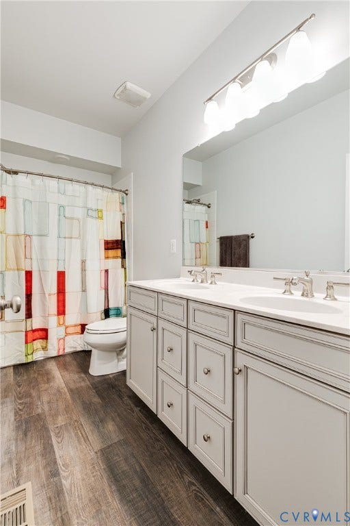 2 Flatwater Row, #B, Rocketts Landing, Henrico, VA 23231 Wood-finish flooring, dual vanity with light gray cabinetry, white countertops, and a white toilet
