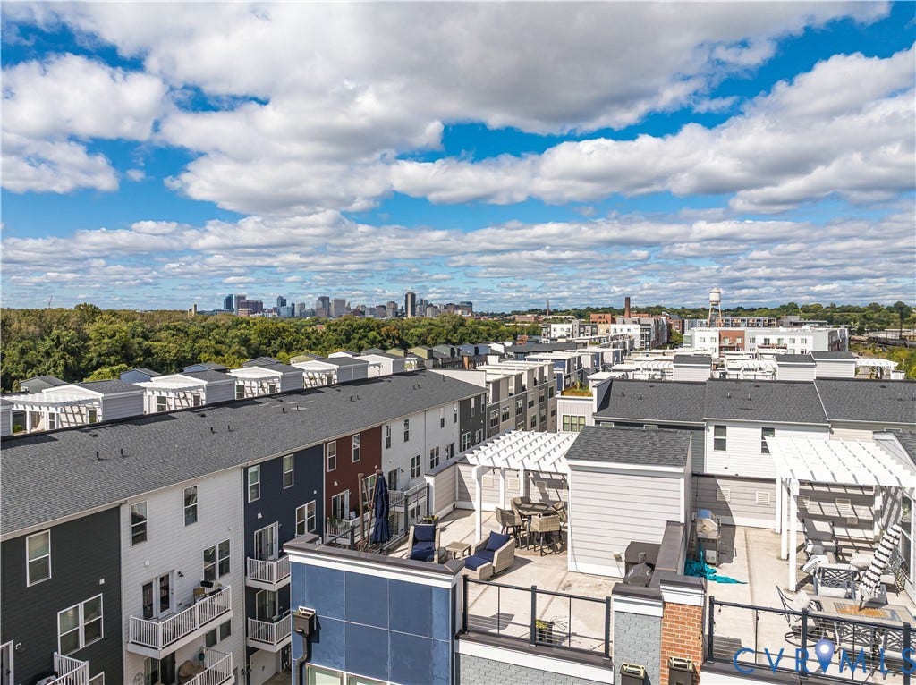 2 Flatwater Row, #B, Rocketts Landing, Henrico, VA 23231 Rooftop terrace with pergola, glass panel railing, and cityscape backdrop