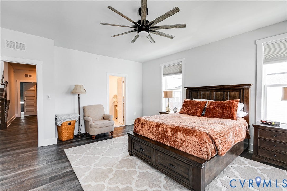 2 Flatwater Row, #B, Rocketts Landing, Henrico, VA 23231 Wood-finish flooring, recessed lighting, and a modern ceiling fan
