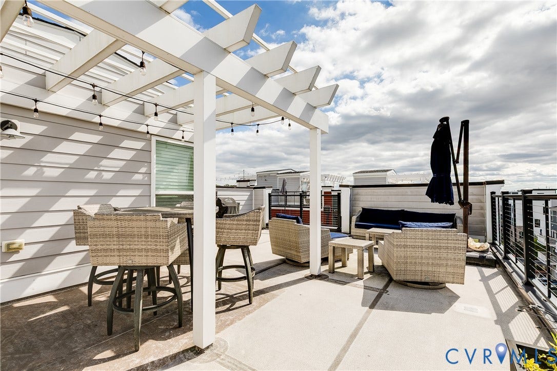 2 Flatwater Row, #B, Rocketts Landing, Henrico, VA 23231 Rooftop deck featuring a white pergola, string lighting, and metal railings