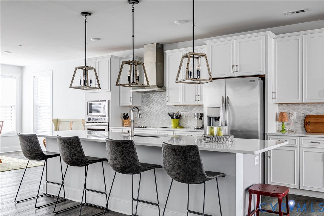 2 Flatwater Row, #B, Rocketts Landing, Henrico, VA 23231 Kitchen featuring a central island with countertop seating, white shaker-style cabinetry, stainless steel appliances, and a tiled backsplash