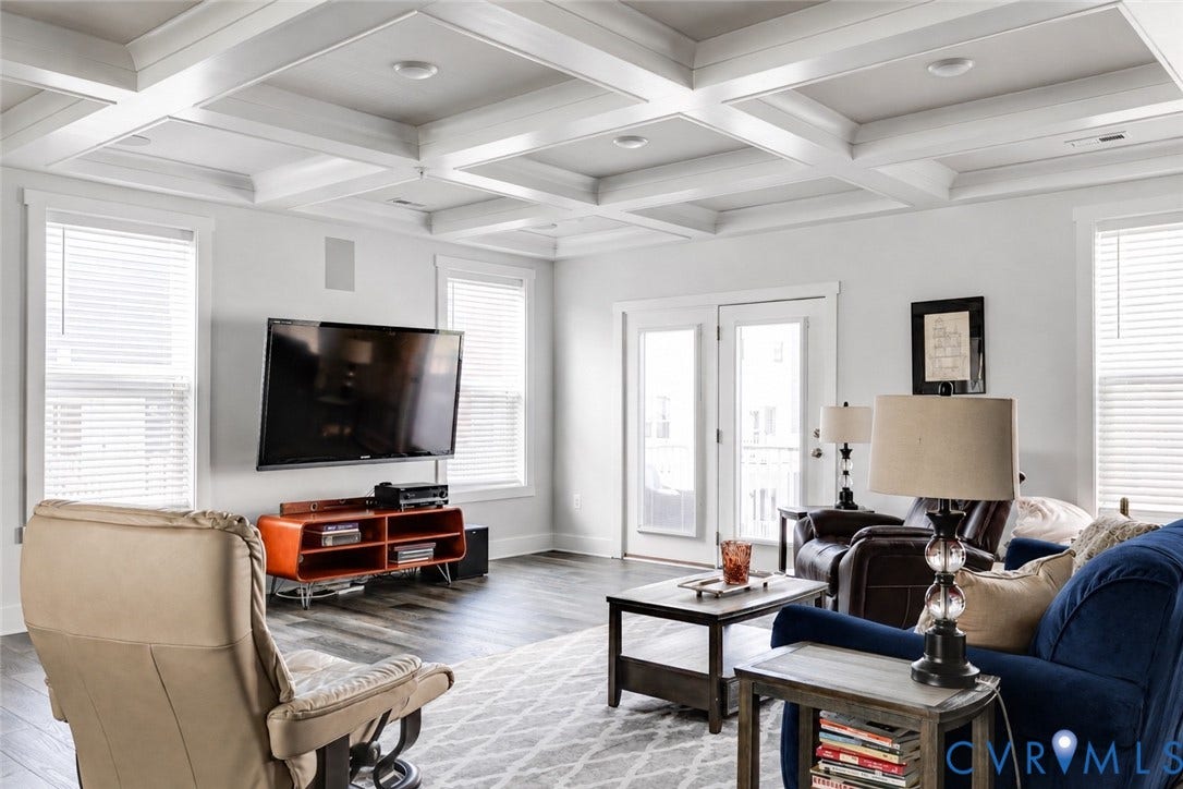 2 Flatwater Row, #B, Rocketts Landing, Henrico, VA 23231 Coffered ceiling with recessed lighting, wood-finish flooring, white trim work, and double French doors