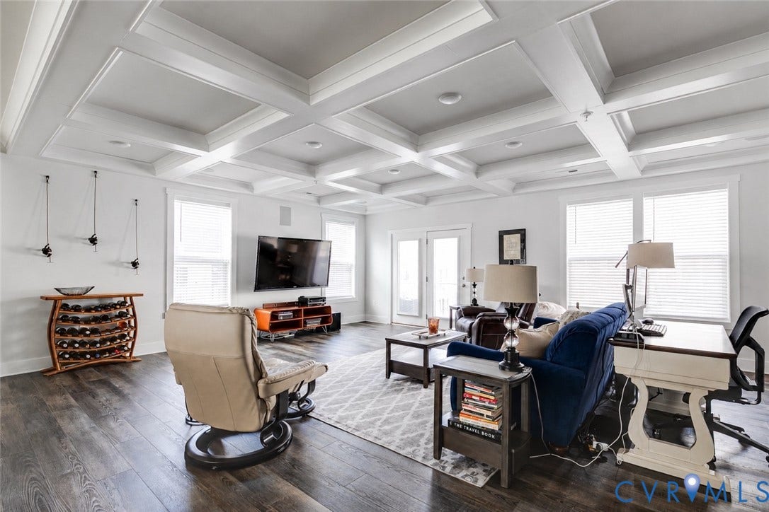 2 Flatwater Row, #B, Rocketts Landing, Henrico, VA 23231 Coffered ceiling, wood-finish flooring, white walls, multiple windows with blinds, and French doors