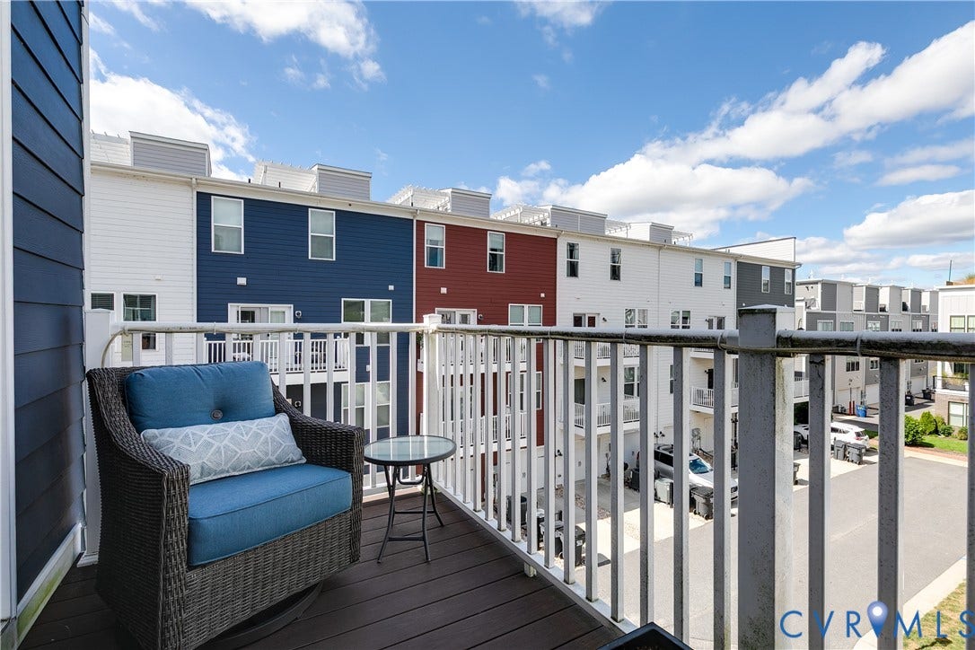 2 Flatwater Row, #B, Rocketts Landing, Henrico, VA 23231 Exterior balcony featuring composite decking, white railing, and siding