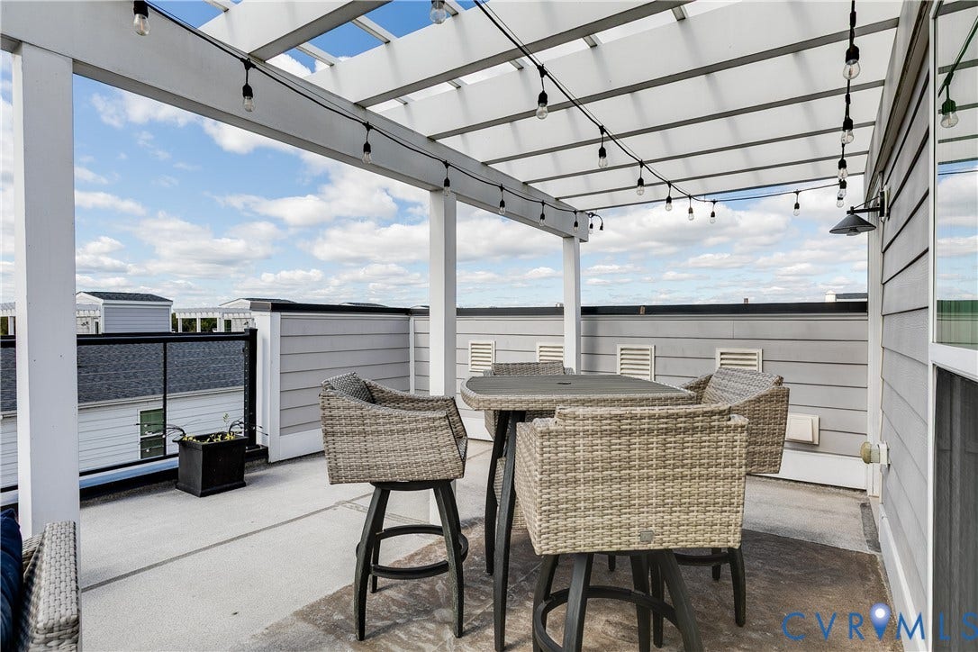 2 Flatwater Row, #B, Rocketts Landing, Henrico, VA 23231 Rooftop patio featuring a white pergola, string lighting, and grey siding