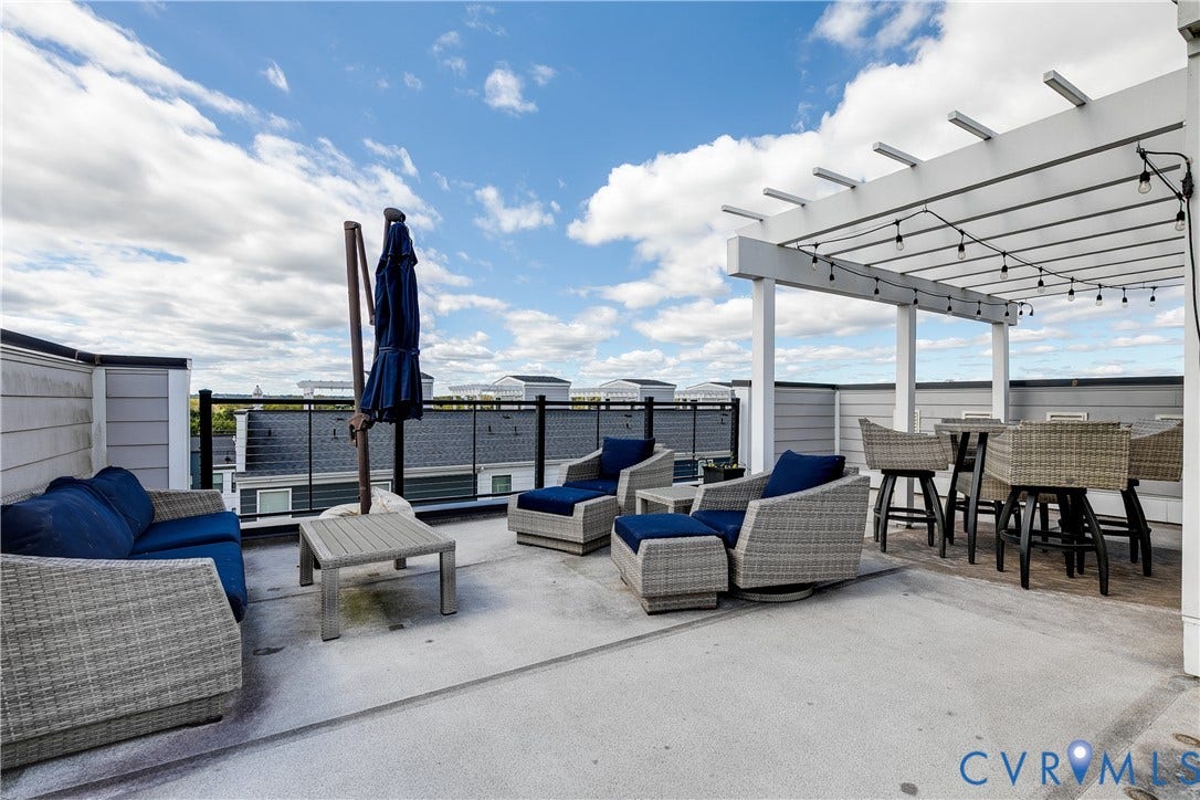 2 Flatwater Row, #B, Rocketts Landing, Henrico, VA 23231 Expansive rooftop terrace featuring a white pergola, concrete flooring, and perimeter railing
