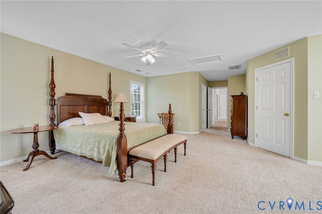 10808 Pruett Lane, Henrico, VA 23059 Expansive room featuring light-colored carpeting, multiple doorways, and a flush-mount ceiling fan