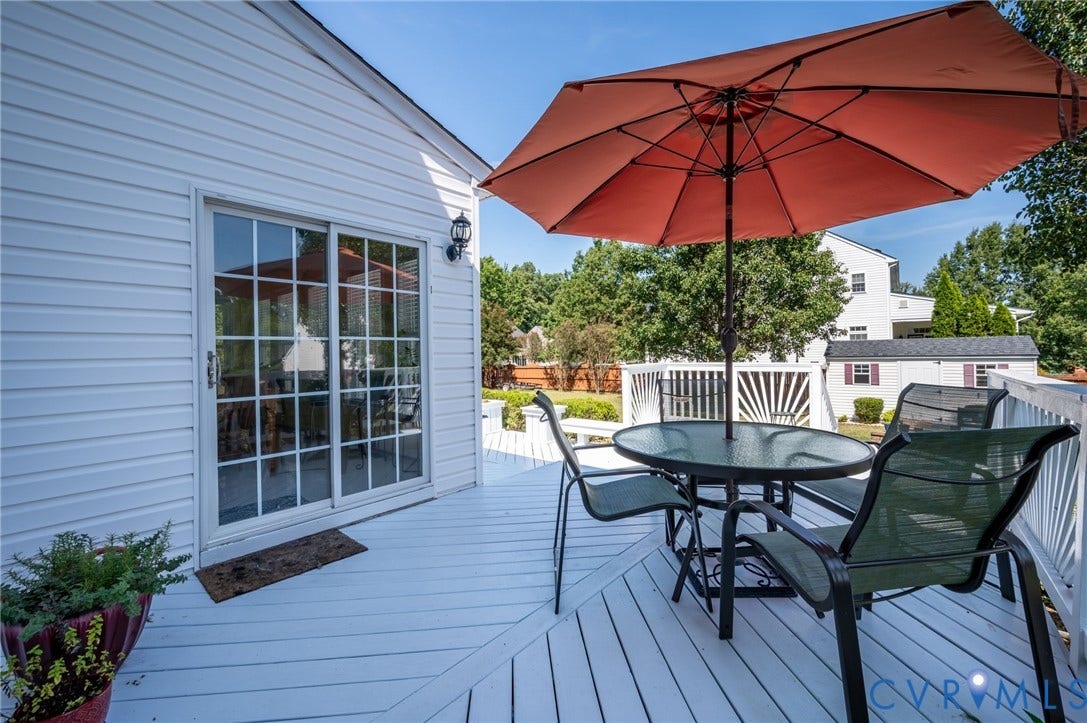 10808 Pruett Lane, Henrico, VA 23059 White exterior siding, sliding glass door, outdoor deck, and outdoor lighting fixture