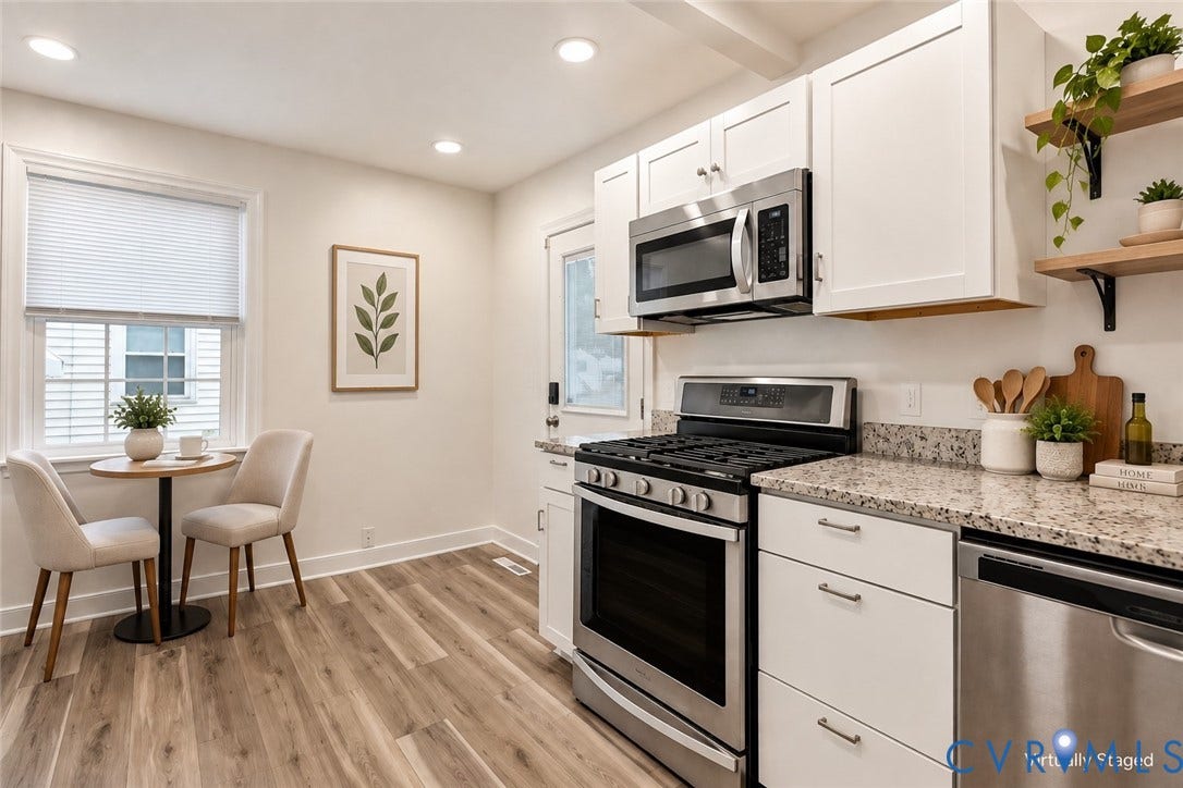 3504 Meadowbridge Road, Richmond, VA 23222 Kitchen featuring LVP flooring, white cabinetry, stainless steel appliances, and granite countertops