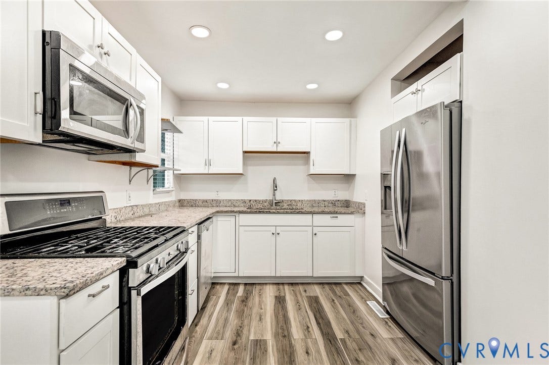 3504 Meadowbridge Road, Richmond, VA 23222 Modern kitchen featuring stainless steel appliances, white cabinetry, granite-style countertops, and LVP flooring