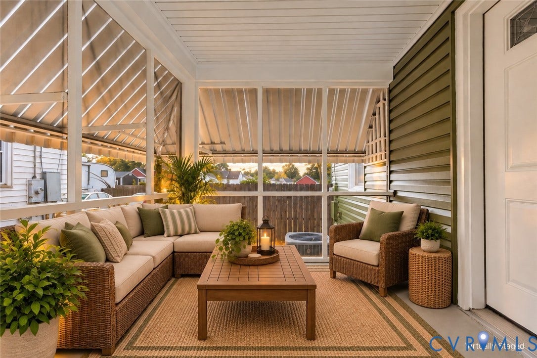 3504 Meadowbridge Road, Richmond, VA 23222 Screened porch with sun shades, and a solid entry door -Virtually Staged