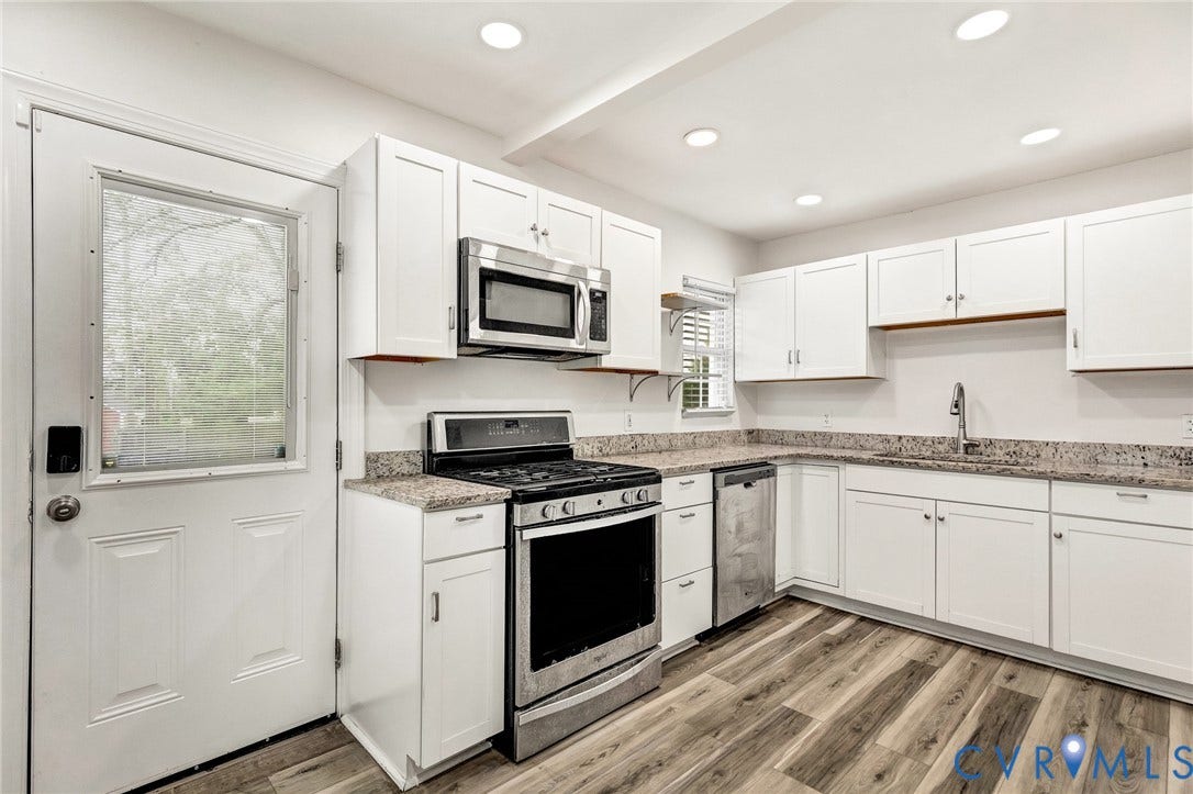 3504 Meadowbridge Road, Richmond, VA 23222 White cabinetry and granite-style countertops complement stainless steel appliances including a gas range, microwave, and dishwasher