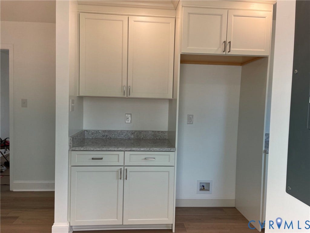2315 Dee Kay Drive, Henrico, VA 23228 White shaker-style cabinetry with brushed nickel hardware, light-toned countertop, and wood-finish flooring