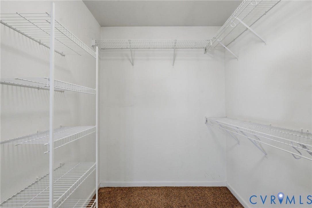 White wire shelving system, wall-mounted wire shelving, and carpeting