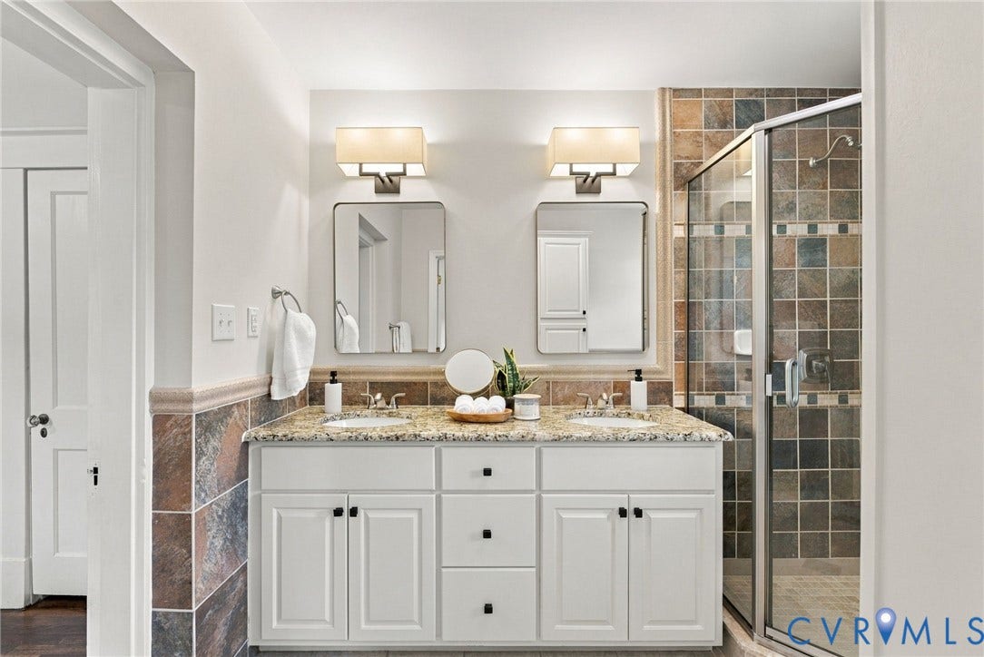 4905 Patterson Avenue, Richmond, VA 23226 Dual vanity with granite countertops, white cabinetry, individual mirrors, and sconce lighting