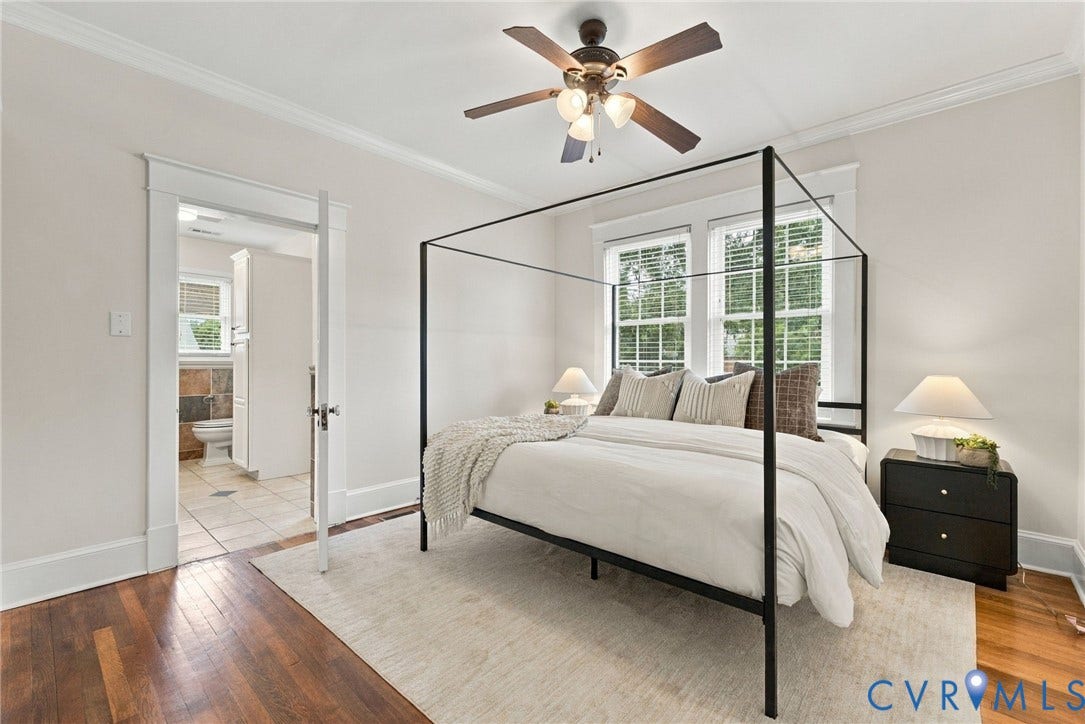 4905 Patterson Avenue, Richmond, VA 23226 Hardwood flooring, crown molding, double windows, ceiling fan with integrated lighting, and white trim