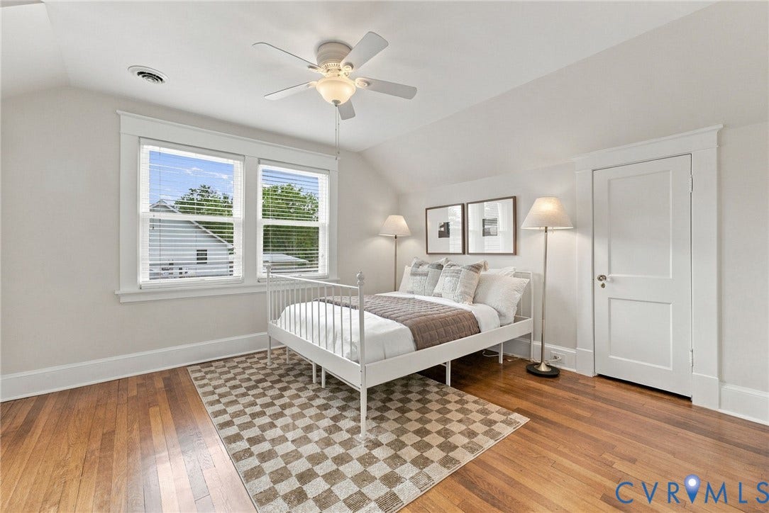 4905 Patterson Avenue, Richmond, VA 23226 Hardwood flooring, painted paneled door, ceiling fan with integrated lighting, dual windows with blinds