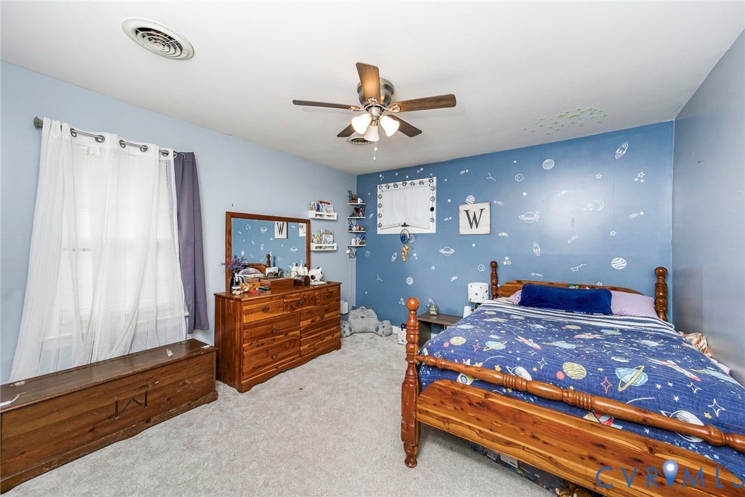 5640 Teterling Court, Lakewood Farms, Chester, VA 23831 Carpeted flooring, window with curtain rod, ceiling fan with light fixture, and recessed lighting