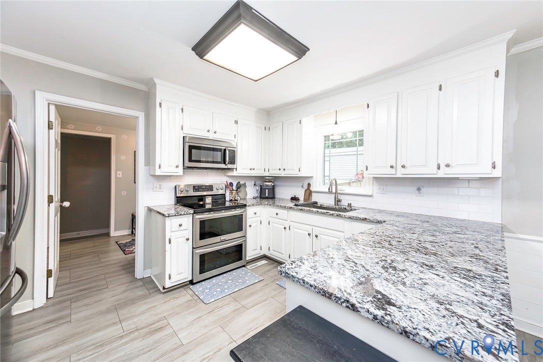 5640 Teterling Court, Lakewood Farms, Chester, VA 23831 Kitchen with white cabinetry, stainless steel appliances, speckled stone countertops, and a subway tile backsplash
