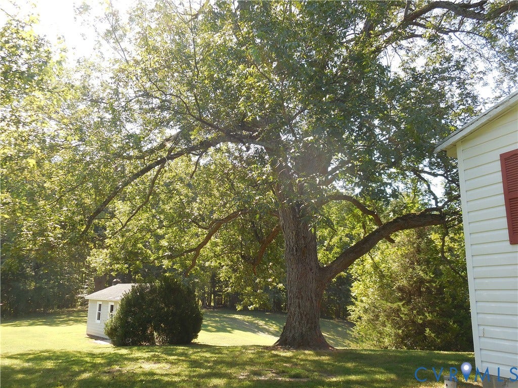 6507 Old Columbia Road, Columbia, Columbia, VA 23038 Expansive grassy yard featuring a prominent mature tree, a white storage shed with a dark roof, and a partial view of a residential structure with white siding and red shutters