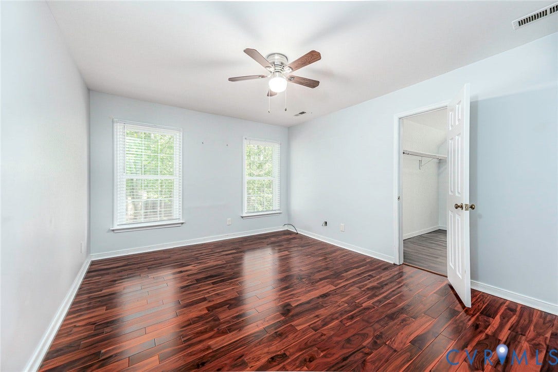 4605 English Cedar Court, Glen Allen, VA 23060 Hardwood-style flooring throughout, ceiling fan with integrated lighting, and two windows with blinds