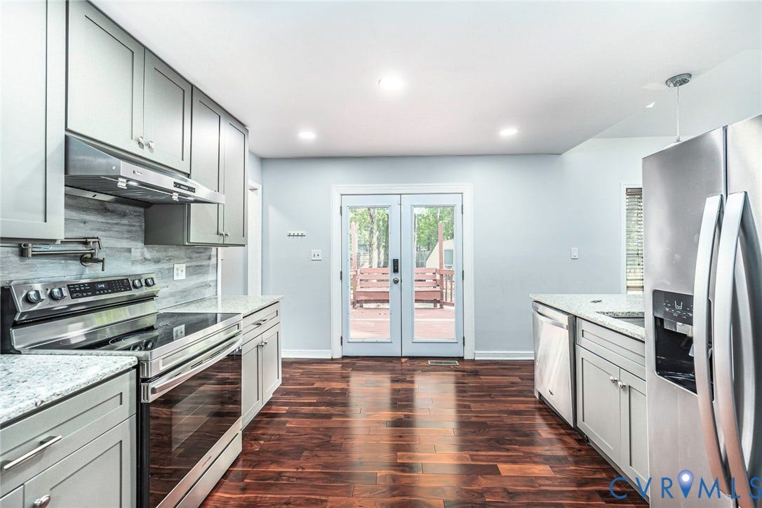 4605 English Cedar Court, Glen Allen, VA 23060 Kitchen featuring wood-finish flooring, shaker-style cabinetry, stainless steel appliances, granite countertops, and a tile backsplash