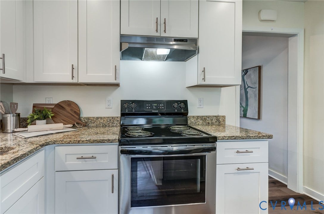 14 Redbridge Terrace, Shendoah Hills, Chesterfield, VA 23236 Renovated kitchen with white shaker cabinetry, granite countertops and stainless steel appliances.