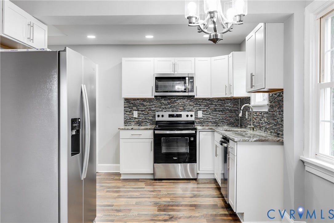 2012 Bailey Avenue, Richmond, VA 23231 Kitchen featuring stainless steel appliances, white cabinetry, granite countertops, and wood-finish flooring