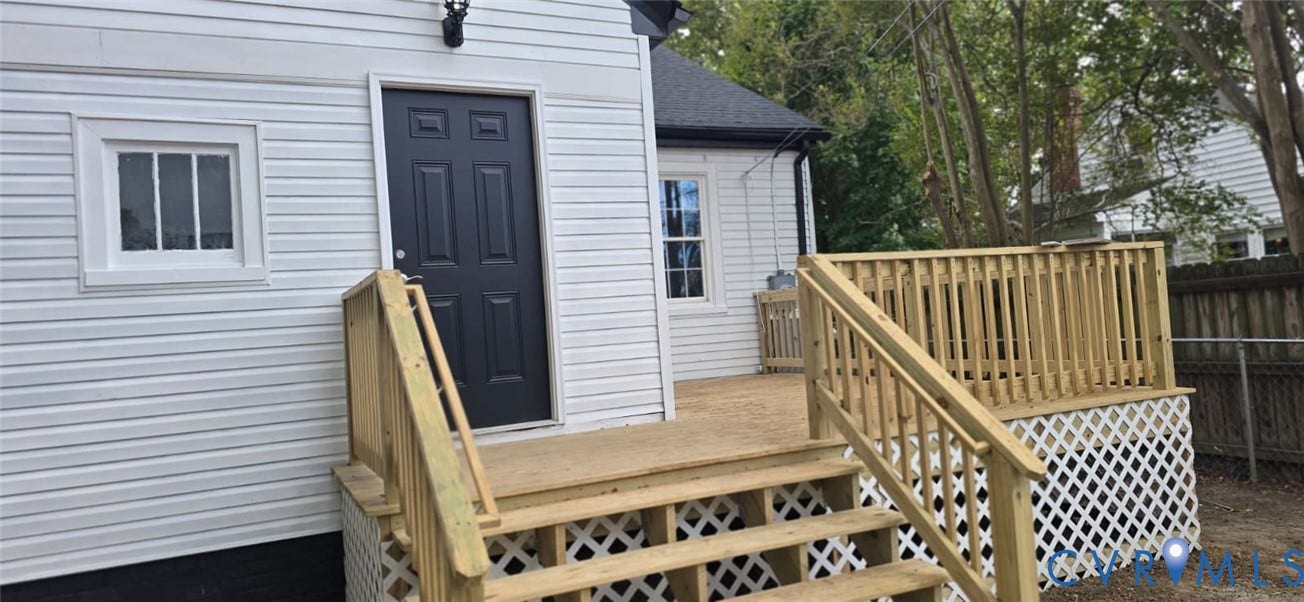 2012 Bailey Avenue, Richmond, VA 23231 Newly constructed wood deck with wooden railings, lattice skirting, and direct exterior access