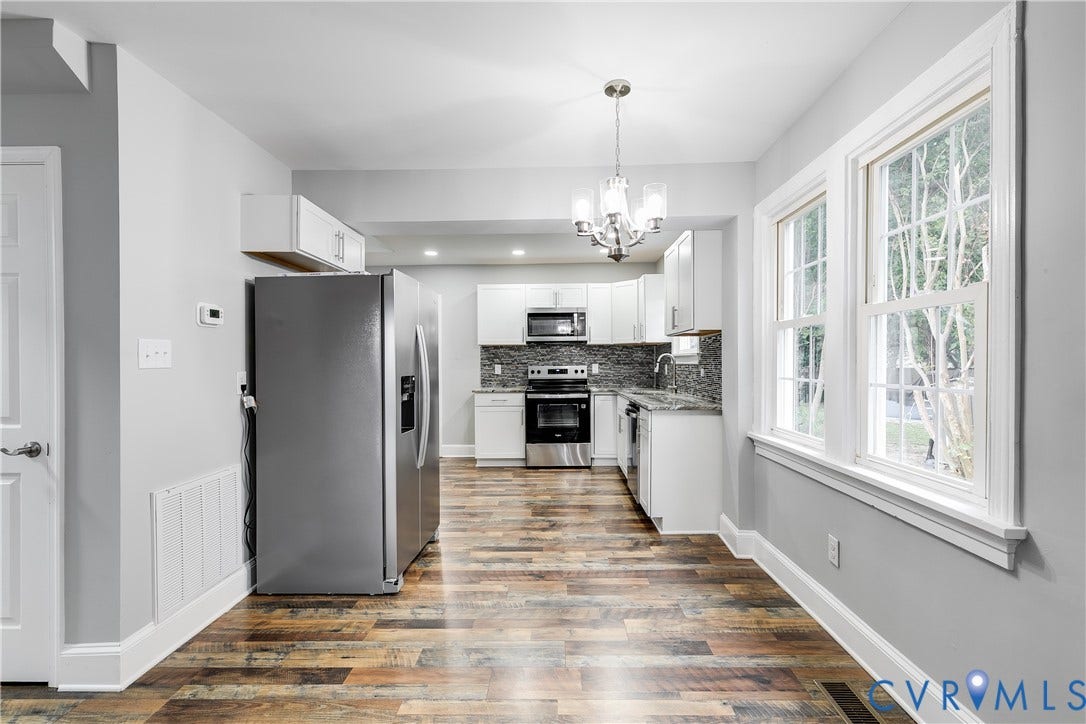 2012 Bailey Avenue, Richmond, VA 23231 Updated kitchen with stainless steel appliances, white cabinetry, and wood-finish flooring
