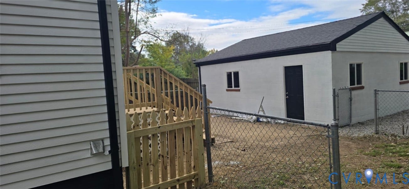 2012 Bailey Avenue, Richmond, VA 23231 White siding exterior, newly constructed wooden deck with railings, wooden gate, chain-link fence, and a detached white building with a dark roof and dark entry door