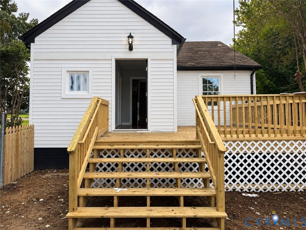 2012 Bailey Avenue, Richmond, VA 23231 Newly constructed wood deck with stairs and railing, white lattice skirting, and a new privacy fence